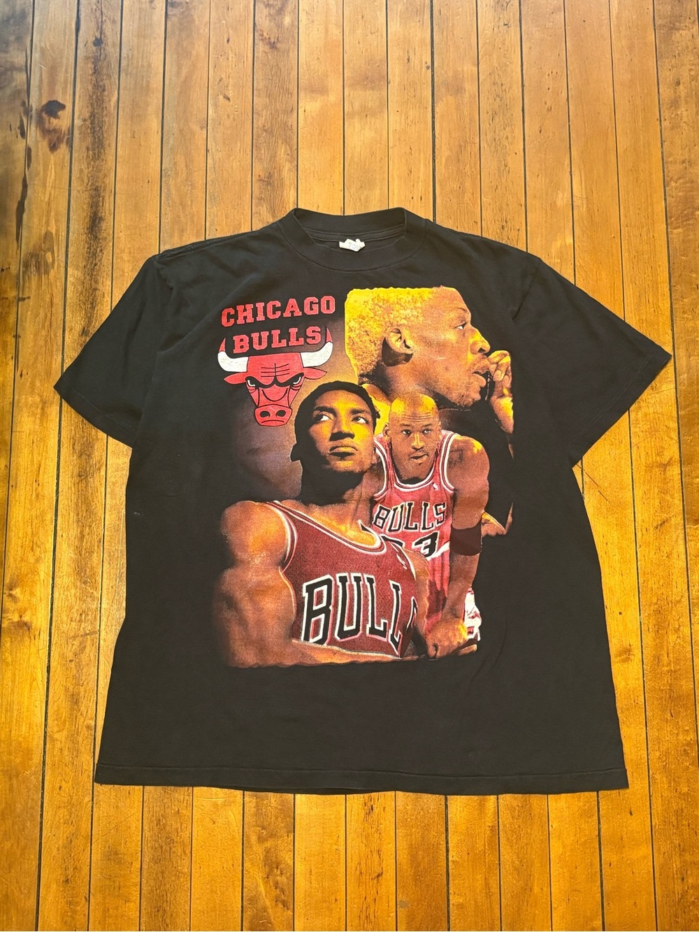 Nike Black Chicago Bulls Player Collage Graphic Tee with Red and Yellow Accents